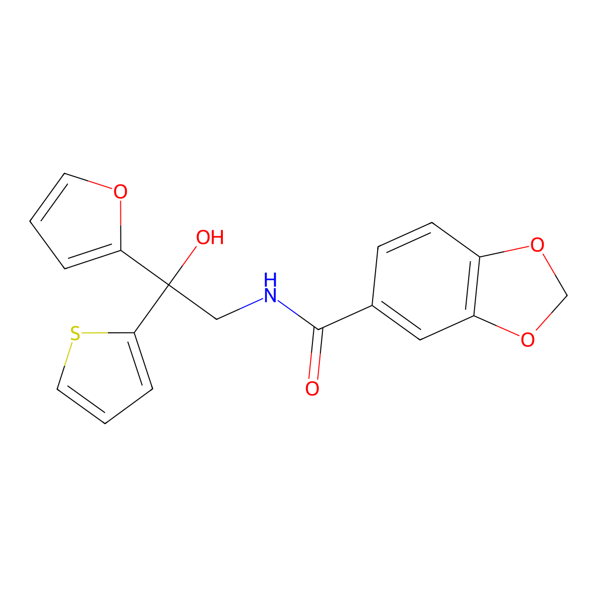 N-(2-(furan-2-yl)-2-hydroxy-2-(thiophen-2-yl)ethyl)benzo[d][1,3]dioxole-5-carboxamide molecular structure, CAS 2034332-99-3