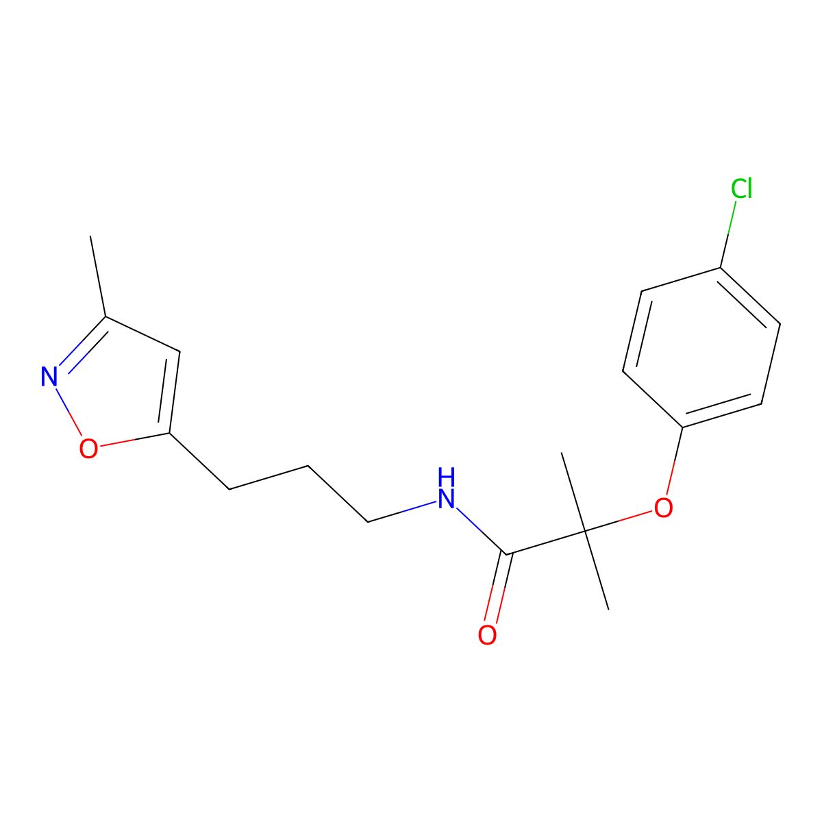 2-(4-chlorophenoxy)-2-methyl-N-(3-(3-methylisoxazol-5-yl)propyl)propanamide molecular structure, CAS 2034333-03-2