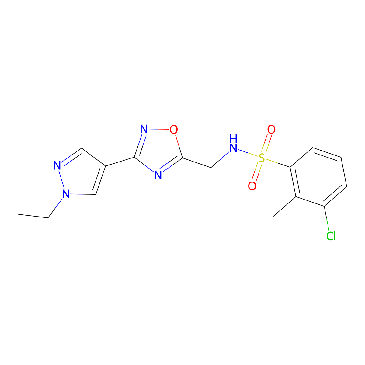 3-chloro-N-((3-(1-ethyl-1H-pyrazol-4-yl)-1,2,4-oxadiazol-5-yl)methyl)-2-methylbenzenesulfonamide molecular structure, CAS 2034333-14-5