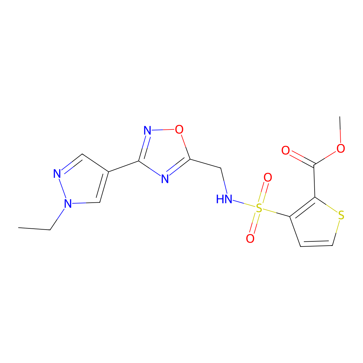 methyl 3-(N-((3-(1-ethyl-1H-pyrazol-4-yl)-1,2,4-oxadiazol-5-yl)methyl)sulfamoyl)thiophene-2-carboxylate molecular structure, CAS 2034333-25-8