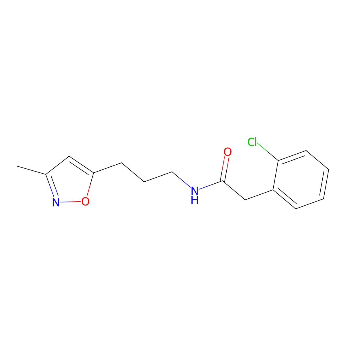 2-(2-chlorophenyl)-N-(3-(3-methylisoxazol-5-yl)propyl)acetamide molecular structure, CAS 2034333-27-0