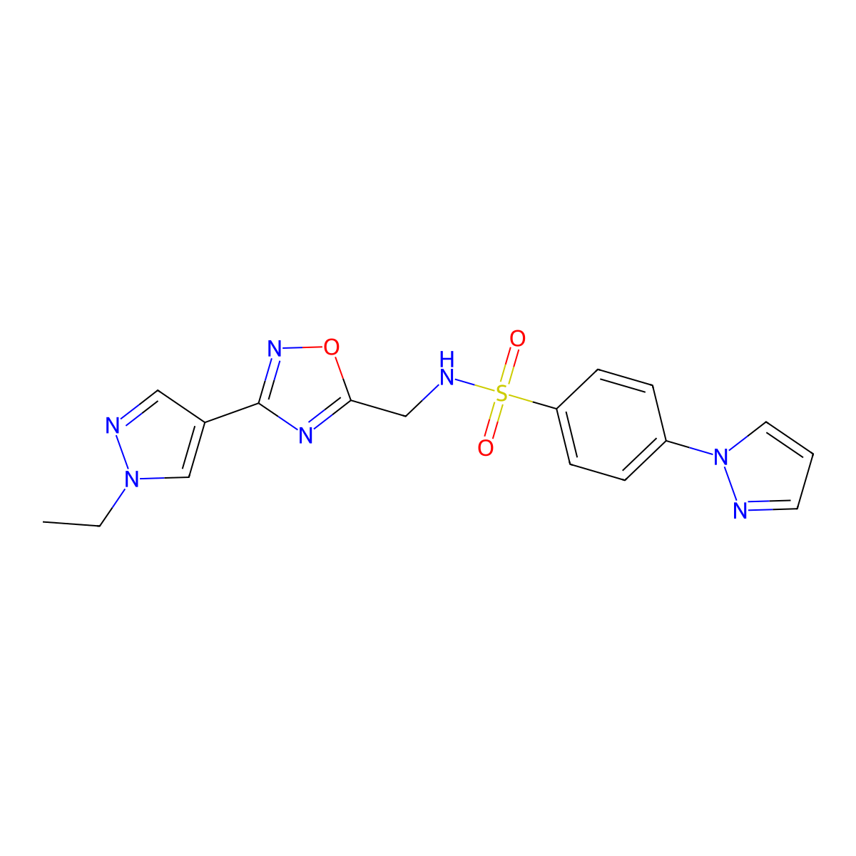 N-((3-(1-ethyl-1H-pyrazol-4-yl)-1,2,4-oxadiazol-5-yl)methyl)-4-(1H-pyrazol-1-yl)benzenesulfonamide molecular structure, CAS 2034333-31-6