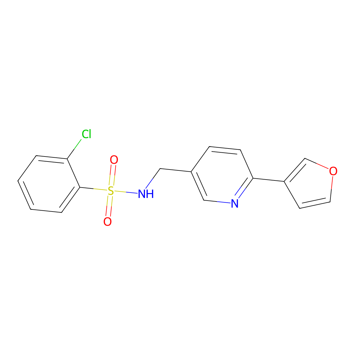 2-chloro-N-((6-(furan-3-yl)pyridin-3-yl)methyl)benzenesulfonamide molecular structure, CAS 2034333-34-9