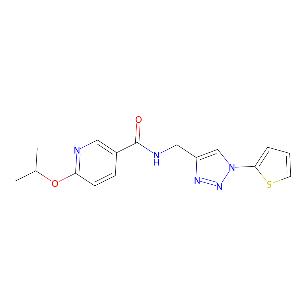 6-(propan-2-yloxy)-N-{[1-(thiophen-2-yl)-1H-1,2,3-triazol-4-yl]methyl}pyridine-3-carboxamide molecular structure, CAS 2034333-36-1