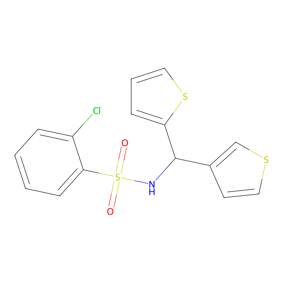 2-chloro-N-(thiophen-2-yl(thiophen-3-yl)methyl)benzenesulfonamide molecular structure, CAS 2034333-42-9