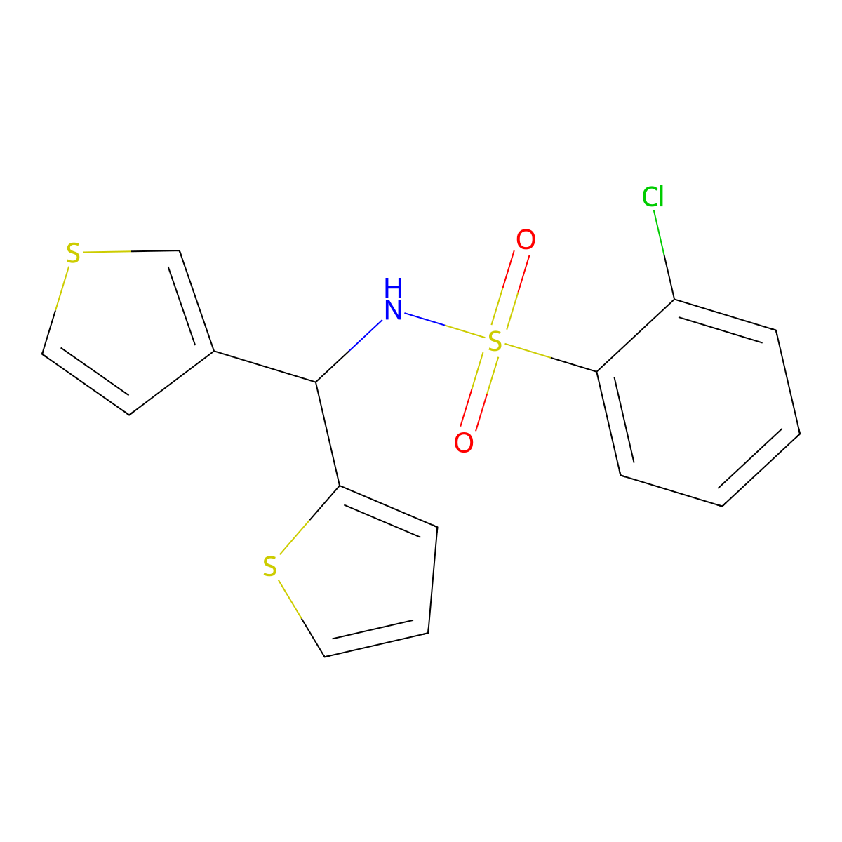 2-chloro-N-(thiophen-2-yl(thiophen-3-yl)methyl)benzenesulfonamide molecular structure, CAS 2034333-42-9