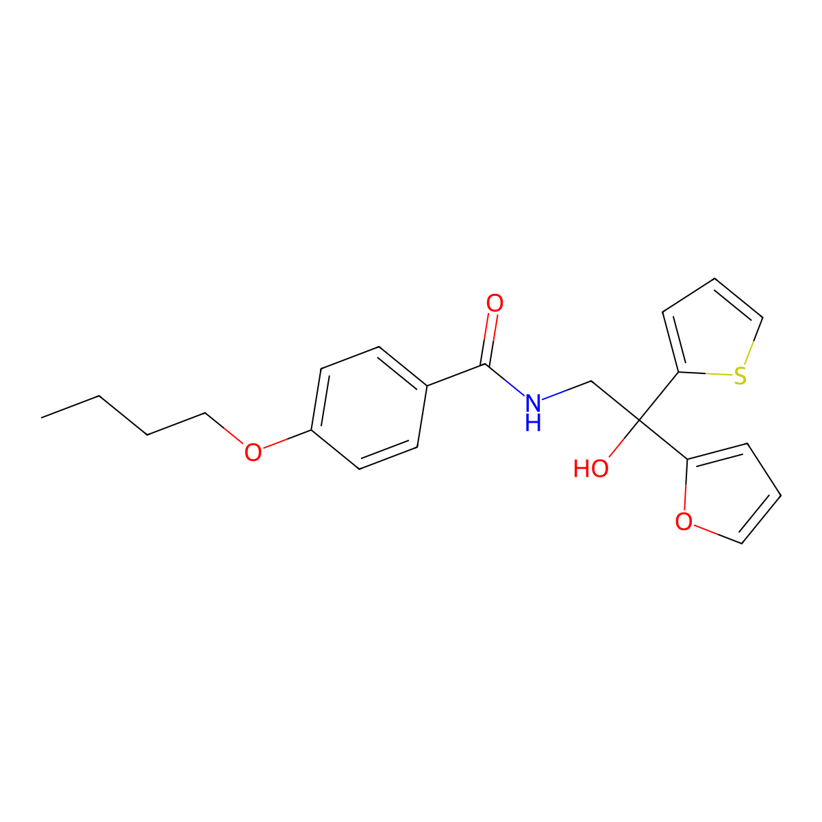 4-butoxy-N-(2-(furan-2-yl)-2-hydroxy-2-(thiophen-2-yl)ethyl)benzamide molecular structure, CAS 2034333-45-2