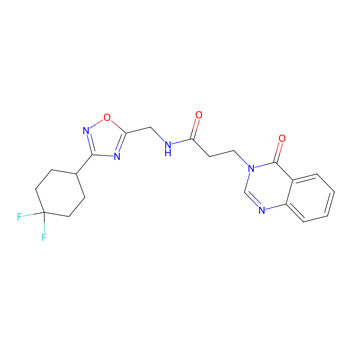N-((3-(4,4-difluorocyclohexyl)-1,2,4-oxadiazol-5-yl)methyl)-3-(4-oxoquinazolin-3(4H)-yl)propanamide molecular structure, CAS 2034333-46-3
