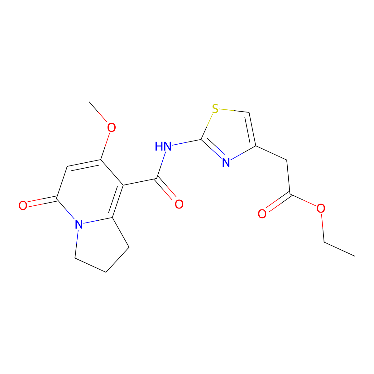 Ethyl 2-(2-(7-methoxy-5-oxo-1,2,3,5-tetrahydroindolizine-8-carboxamido)thiazol-4-yl)acetate molecular structure, CAS 2034333-51-0
