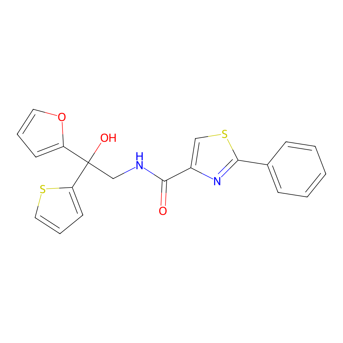 N-(2-(furan-2-yl)-2-hydroxy-2-(thiophen-2-yl)ethyl)-2-phenylthiazole-4-carboxamide molecular structure, CAS 2034333-52-1