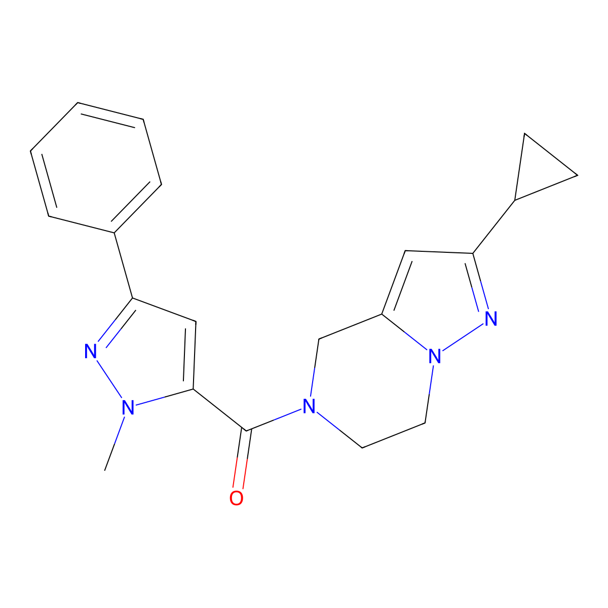 (2-cyclopropyl-6,7-dihydropyrazolo[1,5-a]pyrazin-5(4H)-yl)(1-methyl-3-phenyl-1H-pyrazol-5-yl)methanone molecular structure, CAS 2034333-55-4