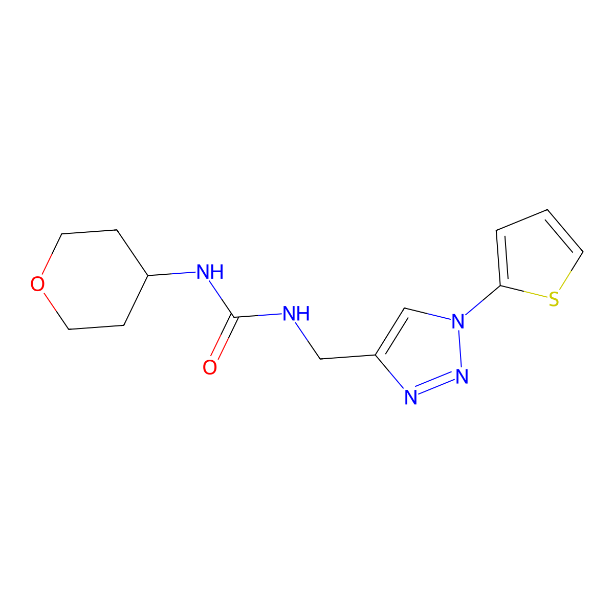 1-(tetrahydro-2H-pyran-4-yl)-3-((1-(thiophen-2-yl)-1H-1,2,3-triazol-4-yl)methyl)urea molecular structure, CAS 2034333-57-6
