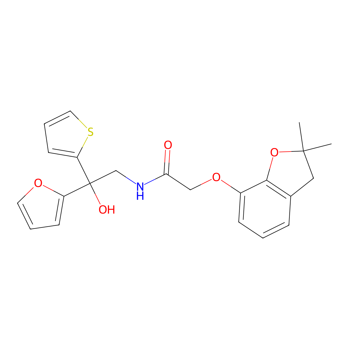 2-((2,2-dimethyl-2,3-dihydrobenzofuran-7-yl)oxy)-N-(2-(furan-2-yl)-2-hydroxy-2-(thiophen-2-yl)ethyl)acetamide molecular structure, CAS 2034333-60-1