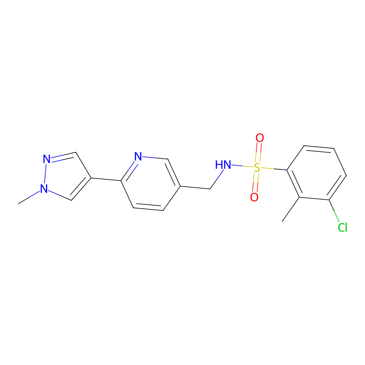 3-chloro-2-methyl-N-((6-(1-methyl-1H-pyrazol-4-yl)pyridin-3-yl)methyl)benzenesulfonamide molecular structure, CAS 2034333-64-5