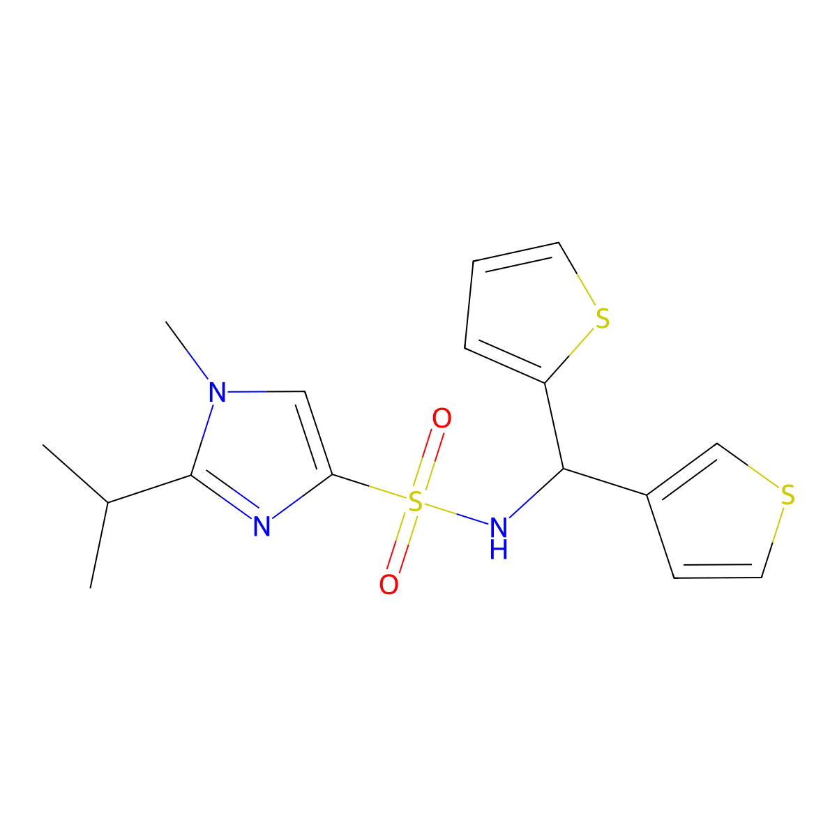 2-isopropyl-1-methyl-N-(thiophen-2-yl(thiophen-3-yl)methyl)-1H-imidazole-4-sulfonamide molecular structure, CAS 2034333-74-7