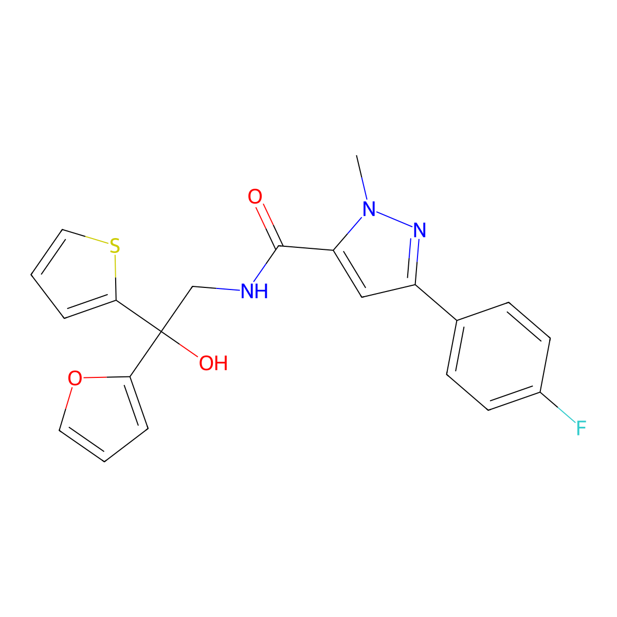 3-(4-fluorophenyl)-N-(2-(furan-2-yl)-2-hydroxy-2-(thiophen-2-yl)ethyl)-1-methyl-1H-pyrazole-5-carboxamide molecular structure, CAS 2034333-76-9