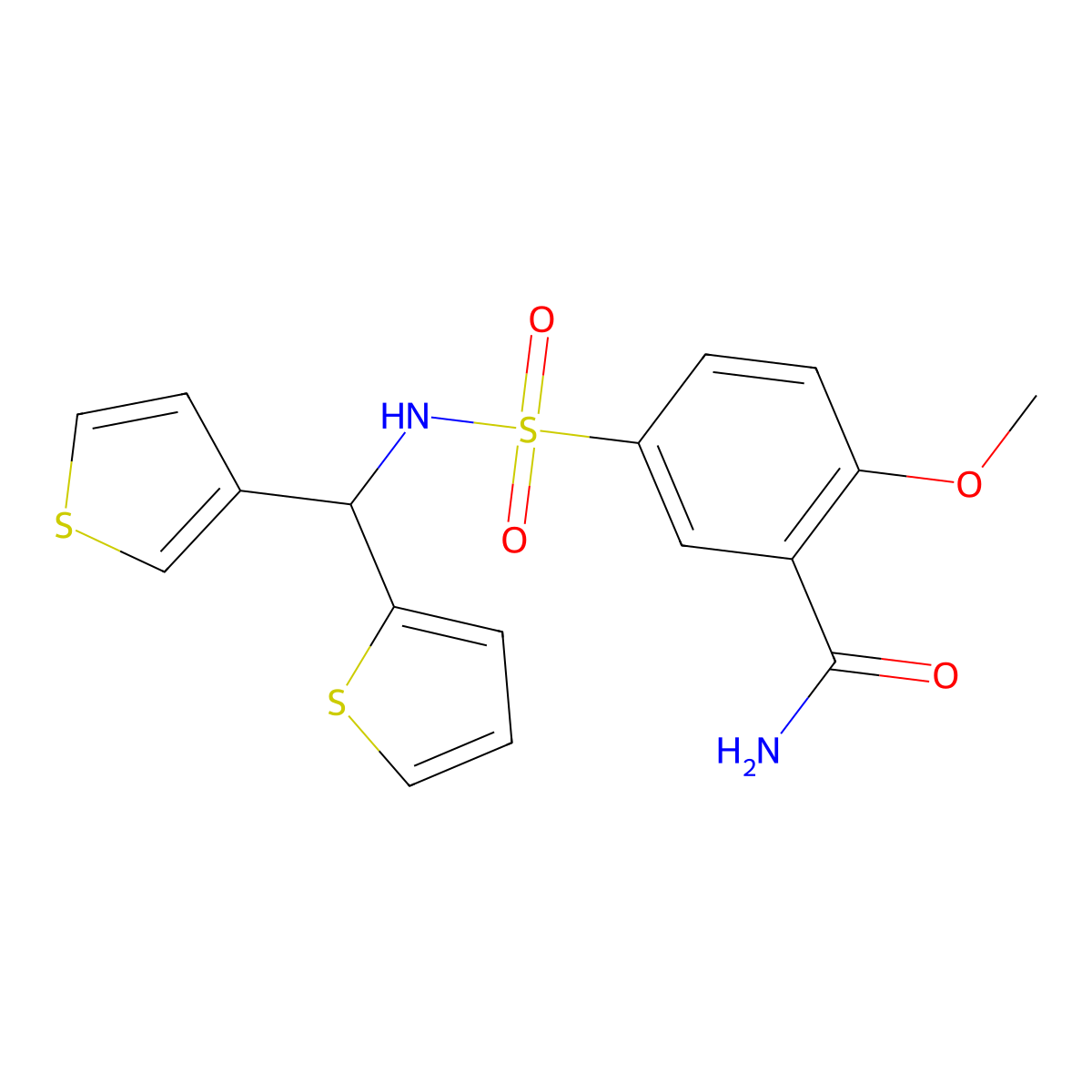 2-methoxy-5-(N-(thiophen-2-yl(thiophen-3-yl)methyl)sulfamoyl)benzamide molecular structure, CAS 2034333-80-5