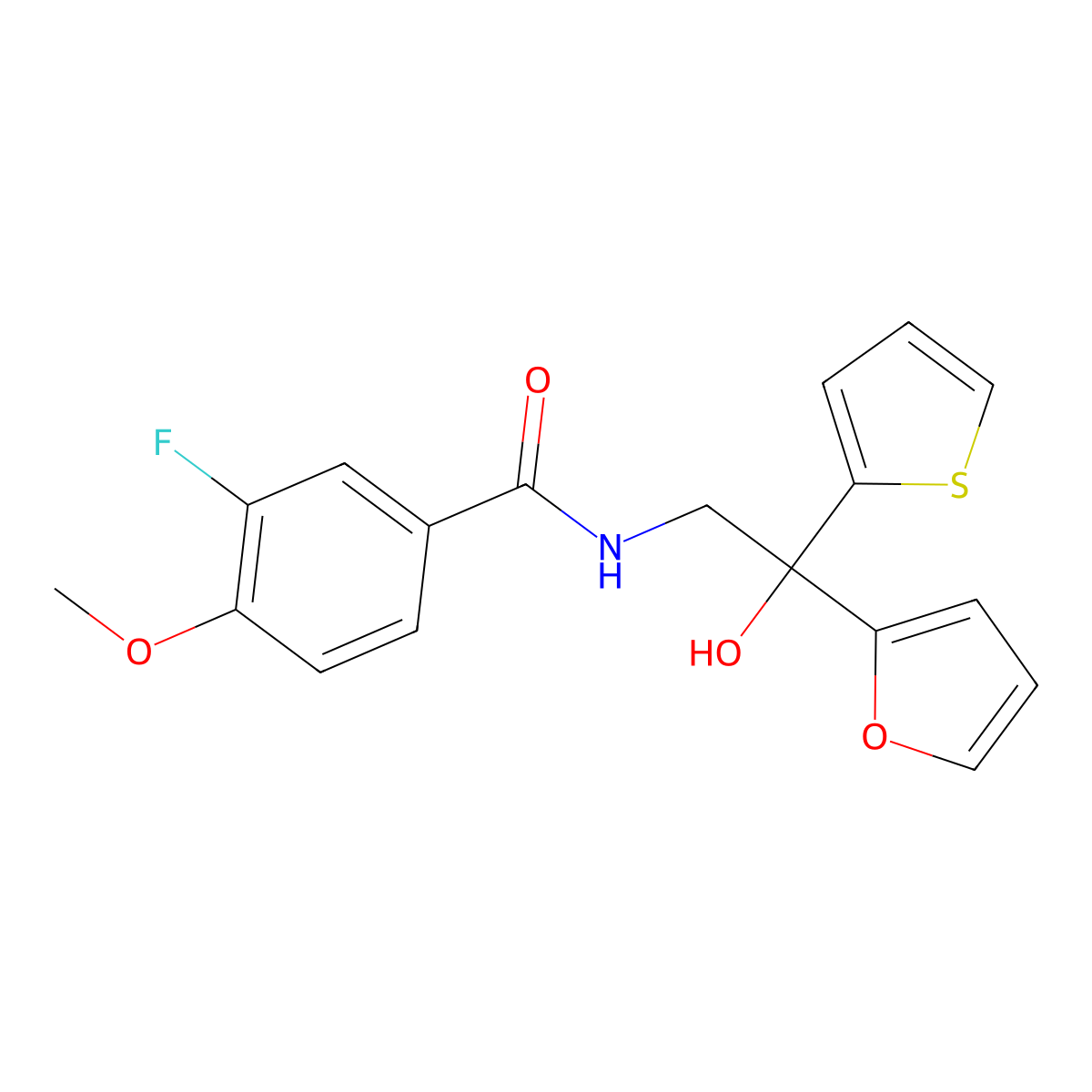 3-fluoro-N-(2-(furan-2-yl)-2-hydroxy-2-(thiophen-2-yl)ethyl)-4-methoxybenzamide molecular structure, CAS 2034333-87-2