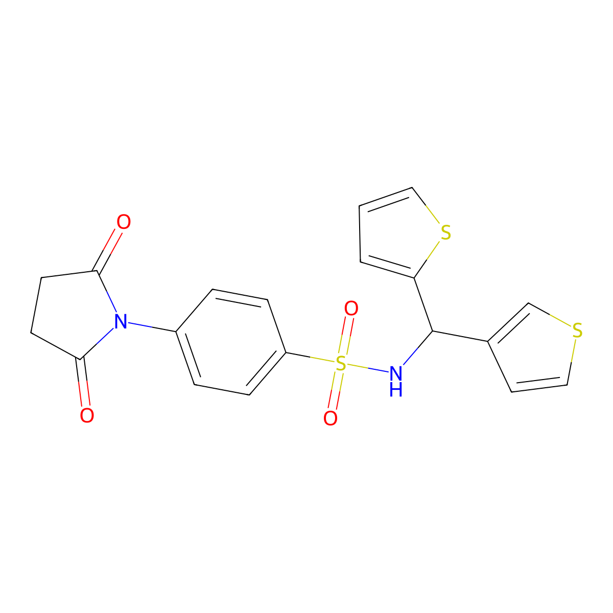 4-(2,5-dioxopyrrolidin-1-yl)-N-(thiophen-2-yl(thiophen-3-yl)methyl)benzenesulfonamide molecular structure, CAS 2034333-88-3