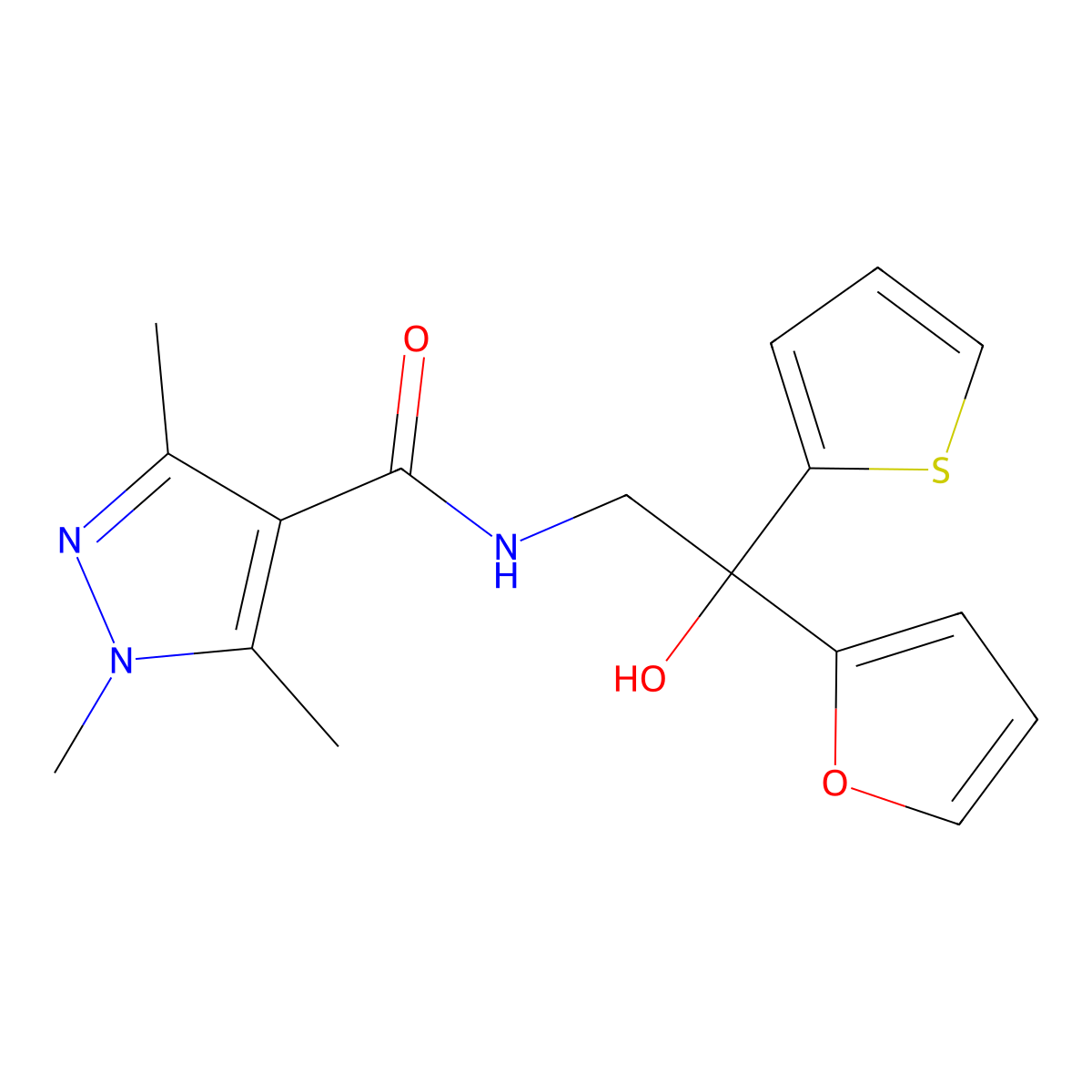 N-(2-(furan-2-yl)-2-hydroxy-2-(thiophen-2-yl)ethyl)-1,3,5-trimethyl-1H-pyrazole-4-carboxamide molecular structure, CAS 2034334-02-4