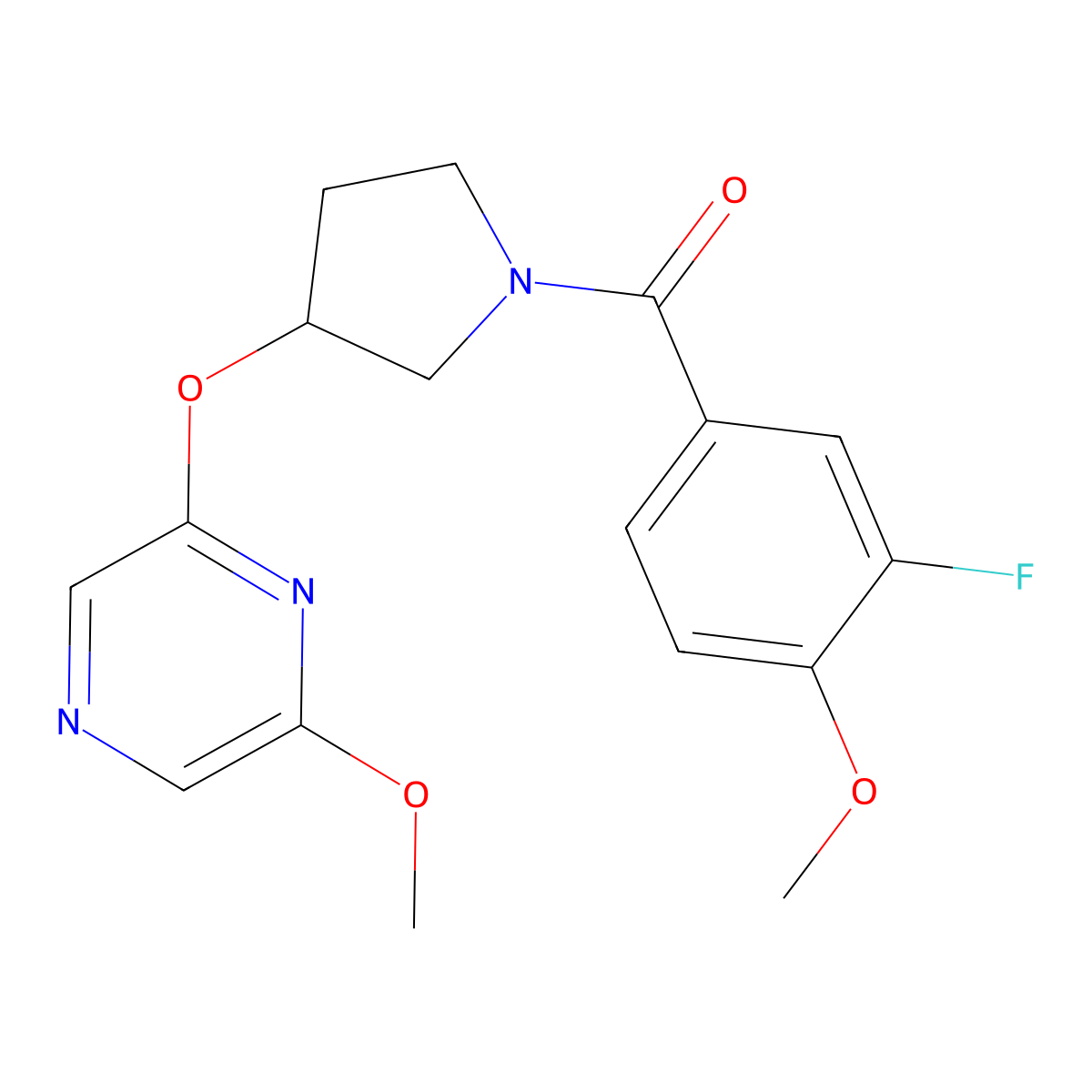(3-Fluoro-4-methoxyphenyl)(3-((6-methoxypyrazin-2-yl)oxy)pyrrolidin-1-yl)methanone molecular structure, CAS 2034334-07-9