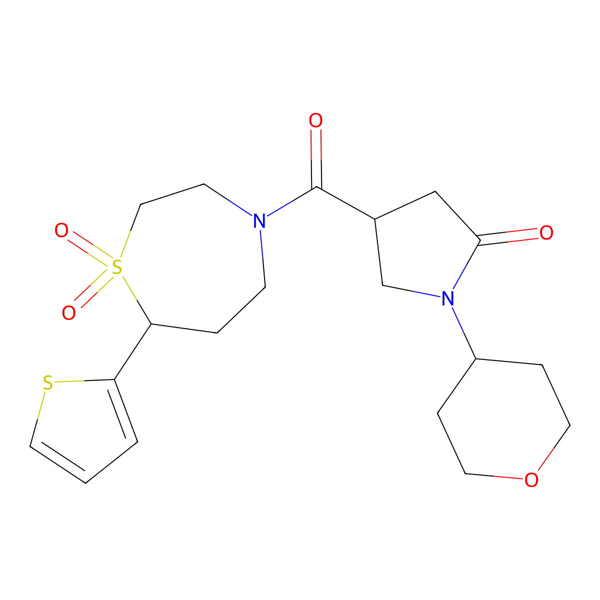 4-(1,1-dioxido-7-(thiophen-2-yl)-1,4-thiazepane-4-carbonyl)-1-(tetrahydro-2H-pyran-4-yl)pyrrolidin-2-one molecular structure, CAS 2034334-09-1