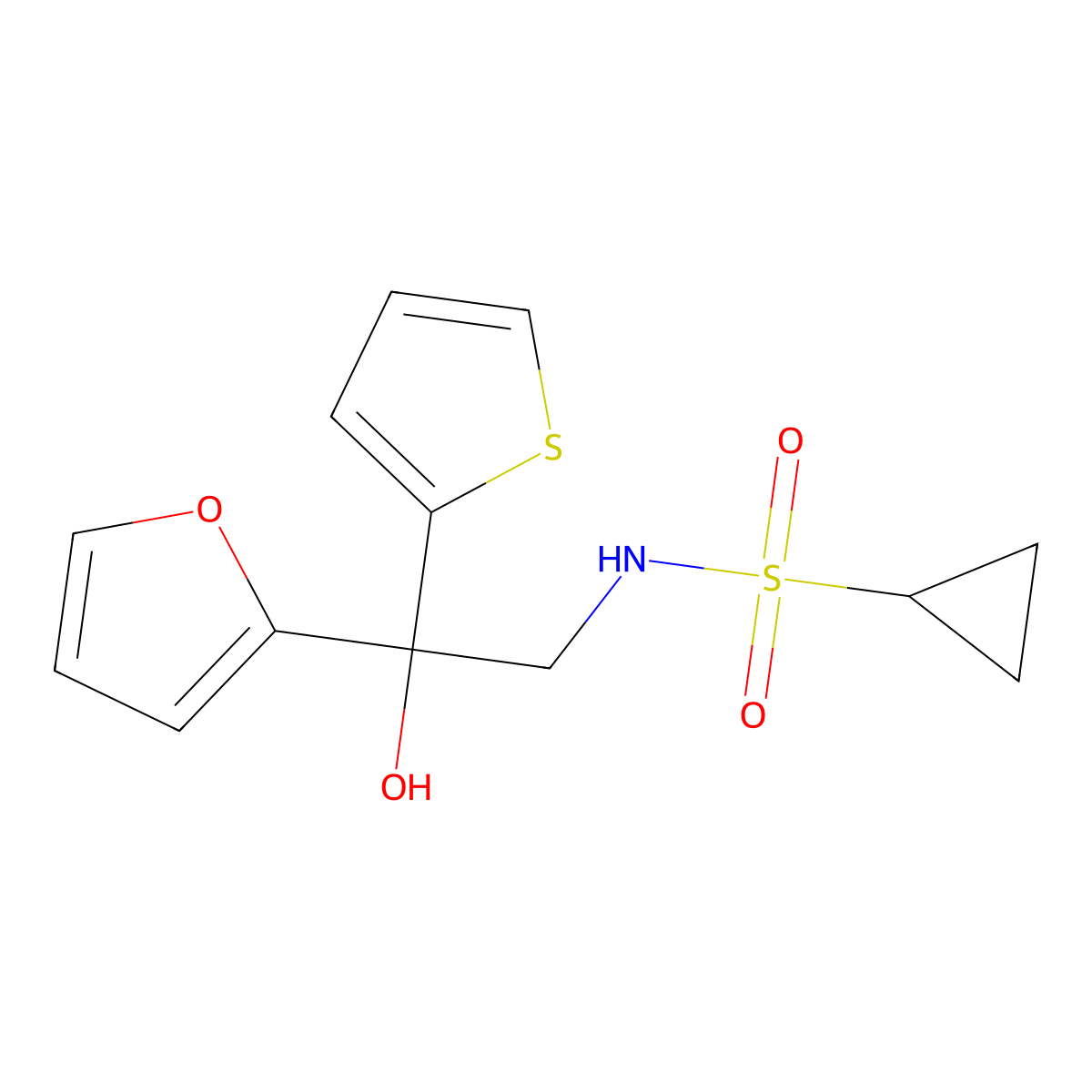 N-(2-(furan-2-yl)-2-hydroxy-2-(thiophen-2-yl)ethyl)cyclopropanesulfonamide molecular structure, CAS 2034334-10-4