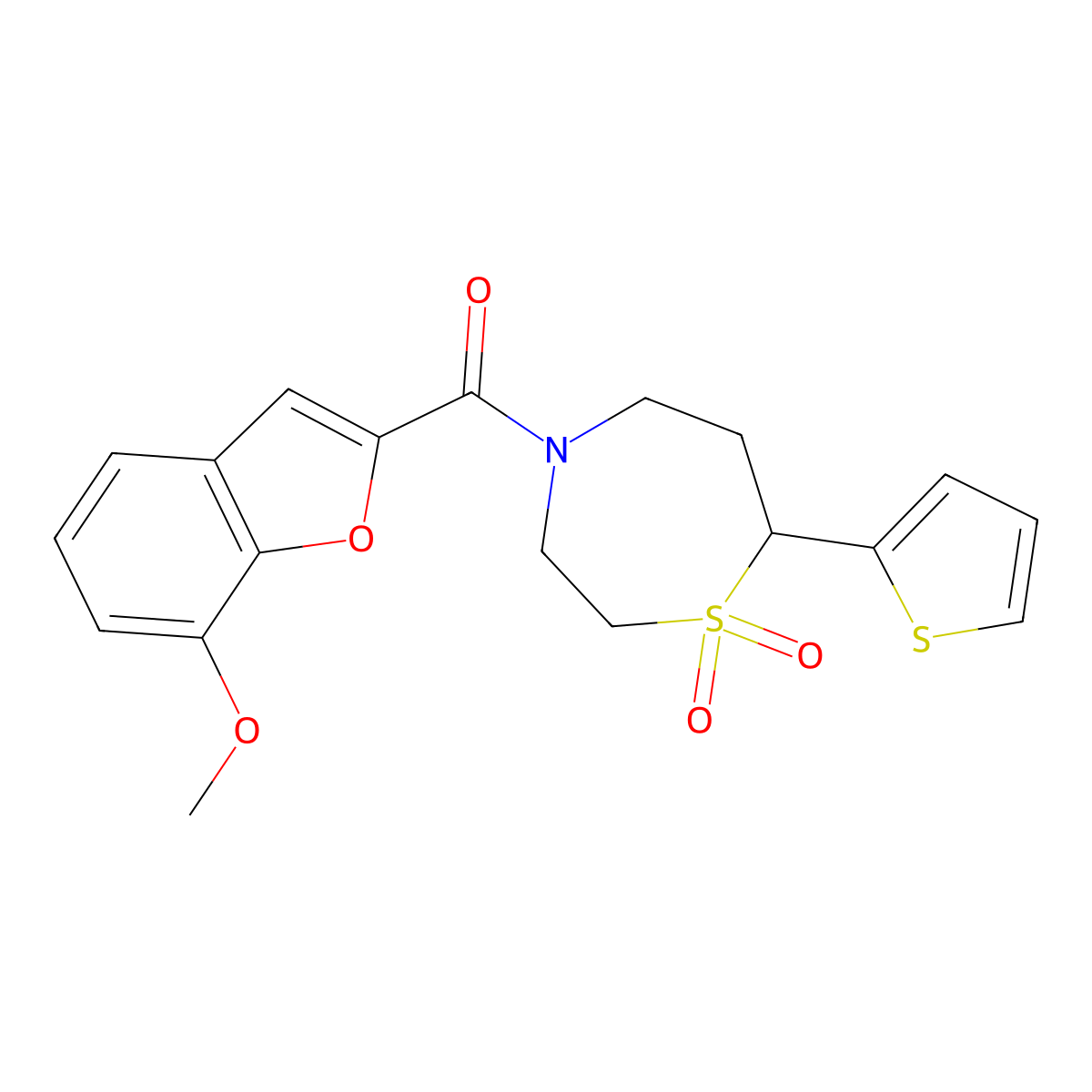 (1,1-Dioxido-7-(thiophen-2-yl)-1,4-thiazepan-4-yl)(7-methoxybenzofuran-2-yl)methanone molecular structure, CAS 2034334-18-2