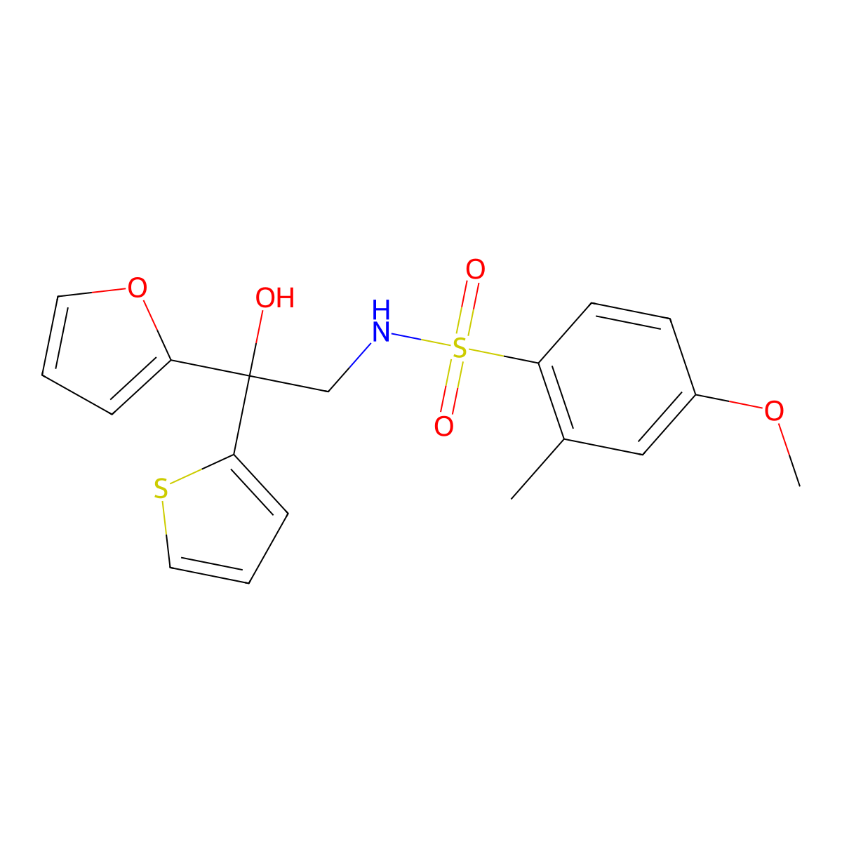 N-(2-(furan-2-yl)-2-hydroxy-2-(thiophen-2-yl)ethyl)-4-methoxy-2-methylbenzenesulfonamide molecular structure, CAS 2034334-28-4