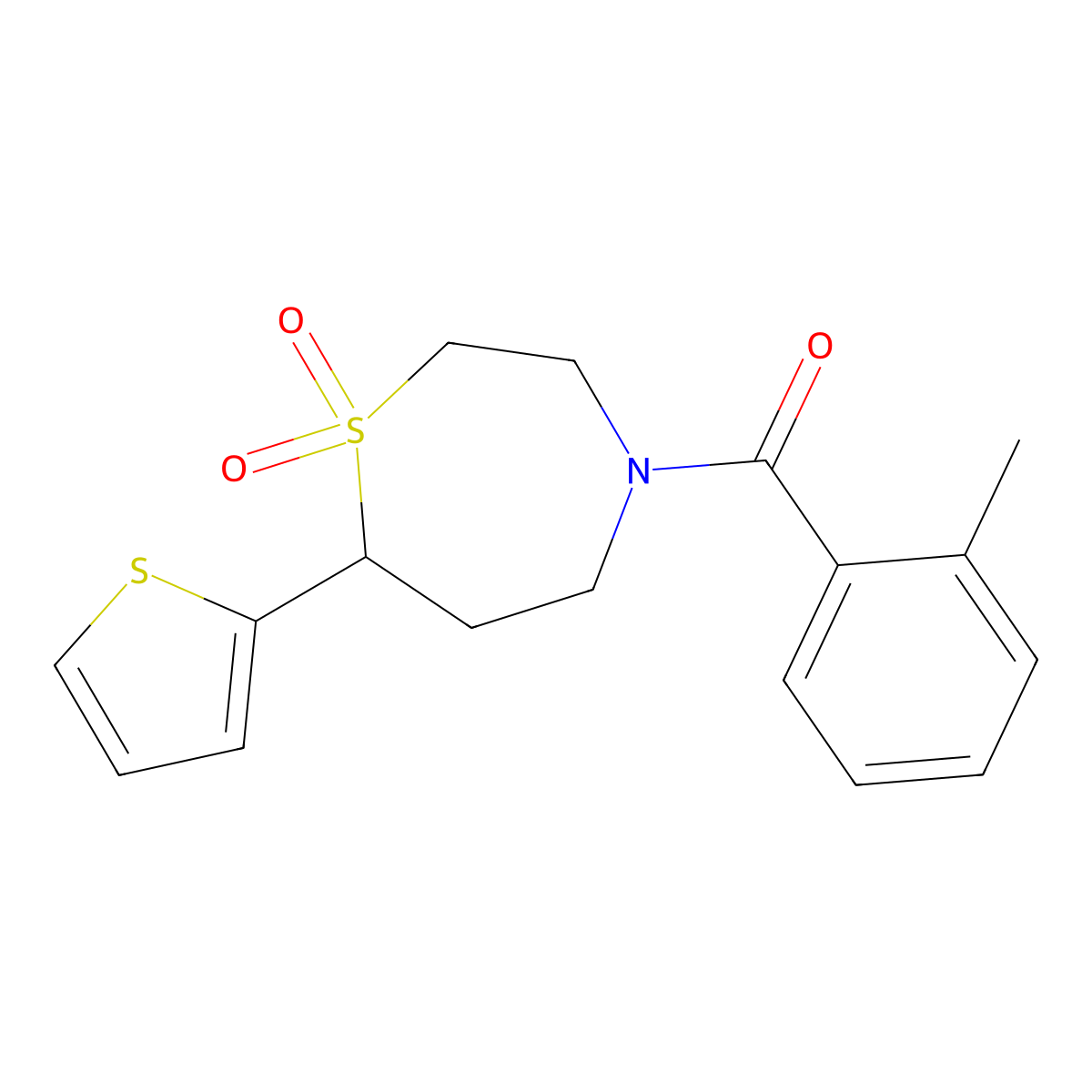 (1,1-Dioxido-7-(thiophen-2-yl)-1,4-thiazepan-4-yl)(o-tolyl)methanone molecular structure, CAS 2034334-34-2