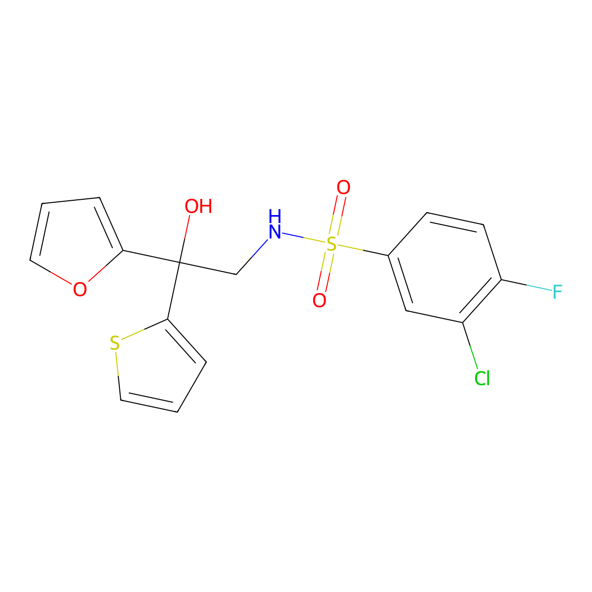 3-chloro-4-fluoro-N-(2-(furan-2-yl)-2-hydroxy-2-(thiophen-2-yl)ethyl)benzenesulfonamide molecular structure, CAS 2034334-38-6