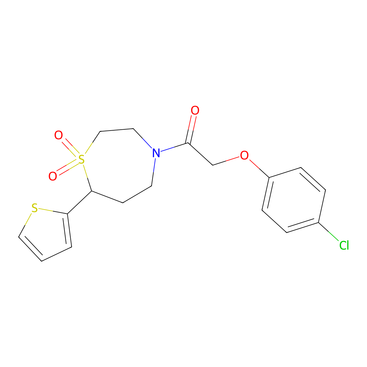 2-(4-Chlorophenoxy)-1-(1,1-dioxido-7-(thiophen-2-yl)-1,4-thiazepan-4-yl)ethanone molecular structure, CAS 2034334-41-1
