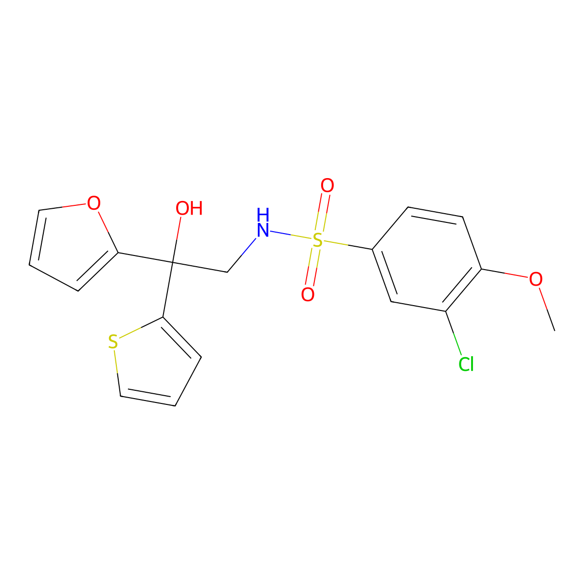 3-chloro-N-(2-(furan-2-yl)-2-hydroxy-2-(thiophen-2-yl)ethyl)-4-methoxybenzenesulfonamide molecular structure, CAS 2034334-44-4