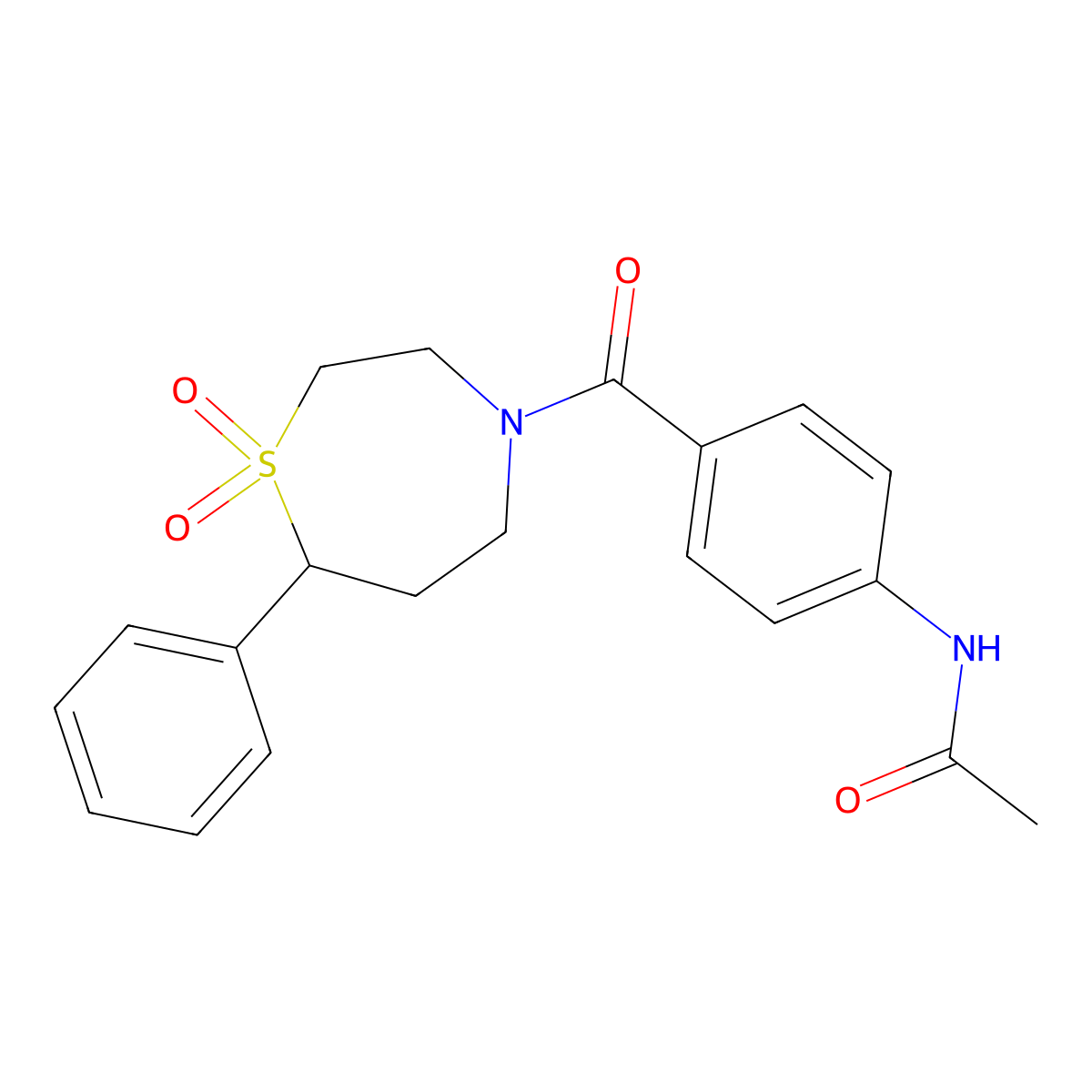 N-(4-(1,1-dioxido-7-phenyl-1,4-thiazepane-4-carbonyl)phenyl)acetamide molecular structure, CAS 2034334-47-7