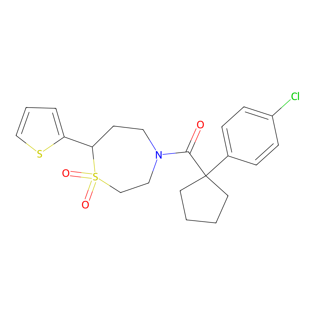 (1-(4-Chlorophenyl)cyclopentyl)(1,1-dioxido-7-(thiophen-2-yl)-1,4-thiazepan-4-yl)methanone molecular structure, CAS 2034334-49-9
