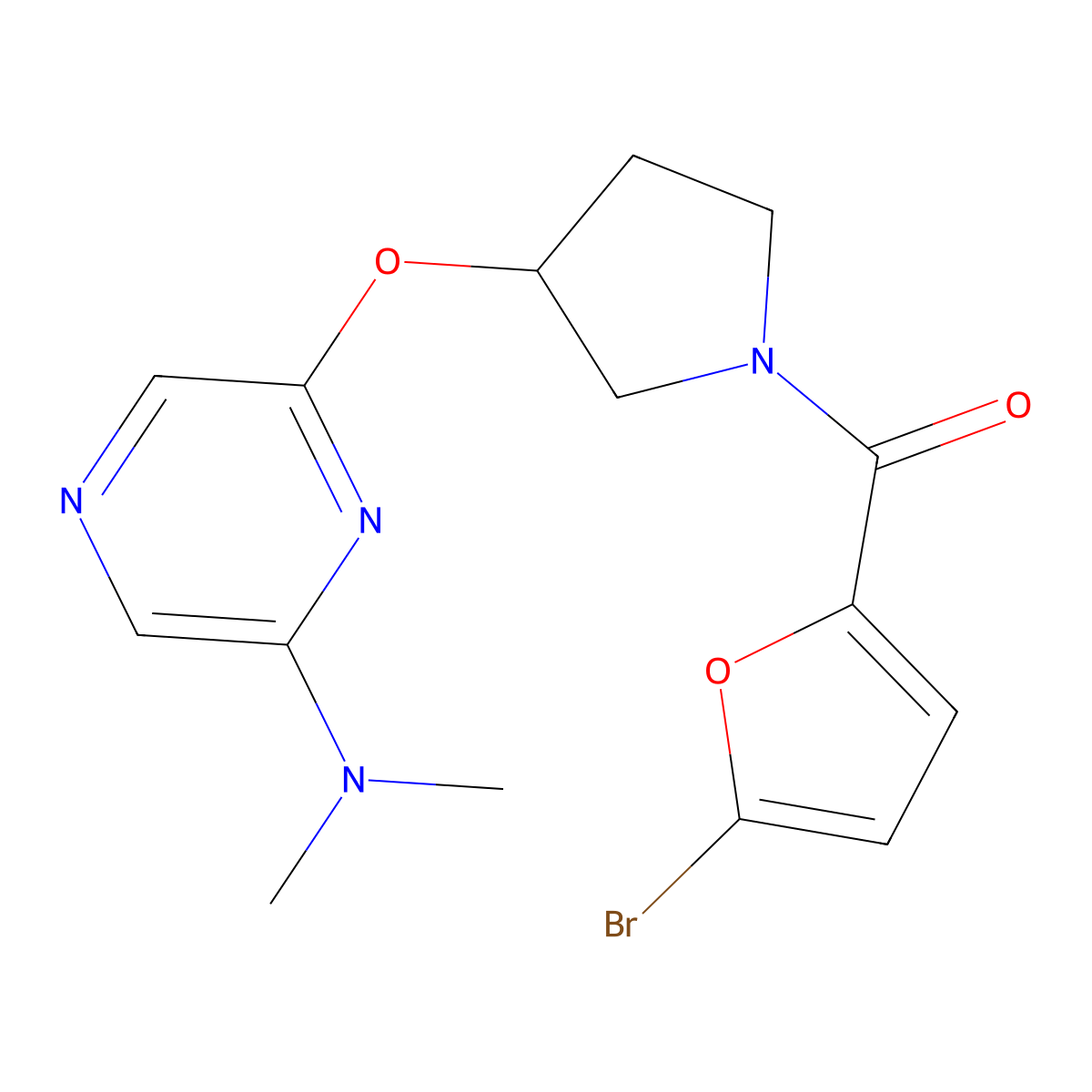 (5-Bromofuran-2-yl)(3-((6-(dimethylamino)pyrazin-2-yl)oxy)pyrrolidin-1-yl)methanone molecular structure, CAS 2034334-58-0
