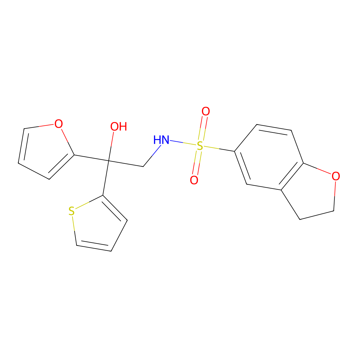 N-(2-(furan-2-yl)-2-hydroxy-2-(thiophen-2-yl)ethyl)-2,3-dihydrobenzofuran-5-sulfonamide molecular structure, CAS 2034334-62-6