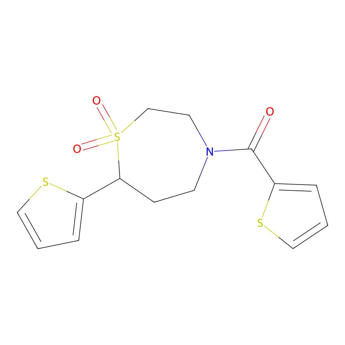 (1,1-Dioxido-7-(thiophen-2-yl)-1,4-thiazepan-4-yl)(thiophen-2-yl)methanone molecular structure, CAS 2034334-64-8