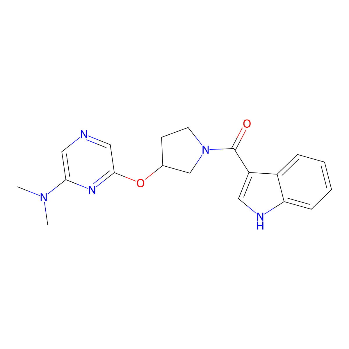 (3-((6-(dimethylamino)pyrazin-2-yl)oxy)pyrrolidin-1-yl)(1H-indol-3-yl)methanone molecular structure, CAS 2034334-65-9