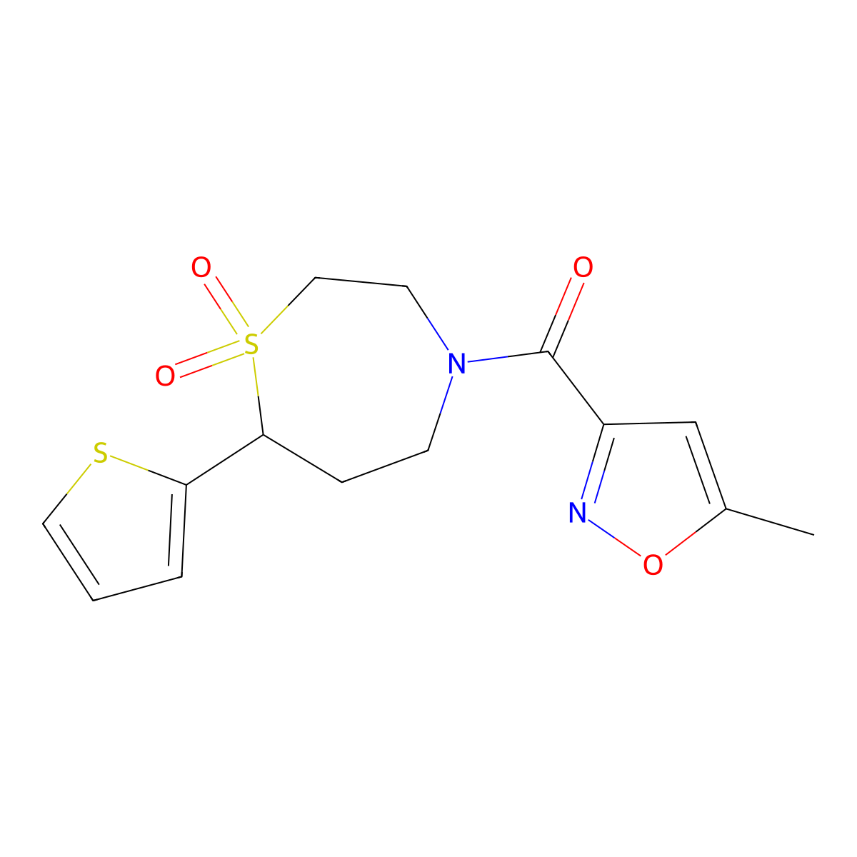 (1,1-Dioxido-7-(thiophen-2-yl)-1,4-thiazepan-4-yl)(5-methylisoxazol-3-yl)methanone molecular structure, CAS 2034334-68-2