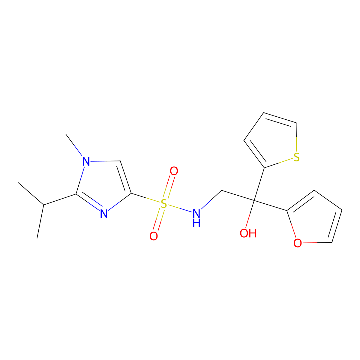 N-(2-(furan-2-yl)-2-hydroxy-2-(thiophen-2-yl)ethyl)-2-isopropyl-1-methyl-1H-imidazole-4-sulfonamide molecular structure, CAS 2034334-72-8