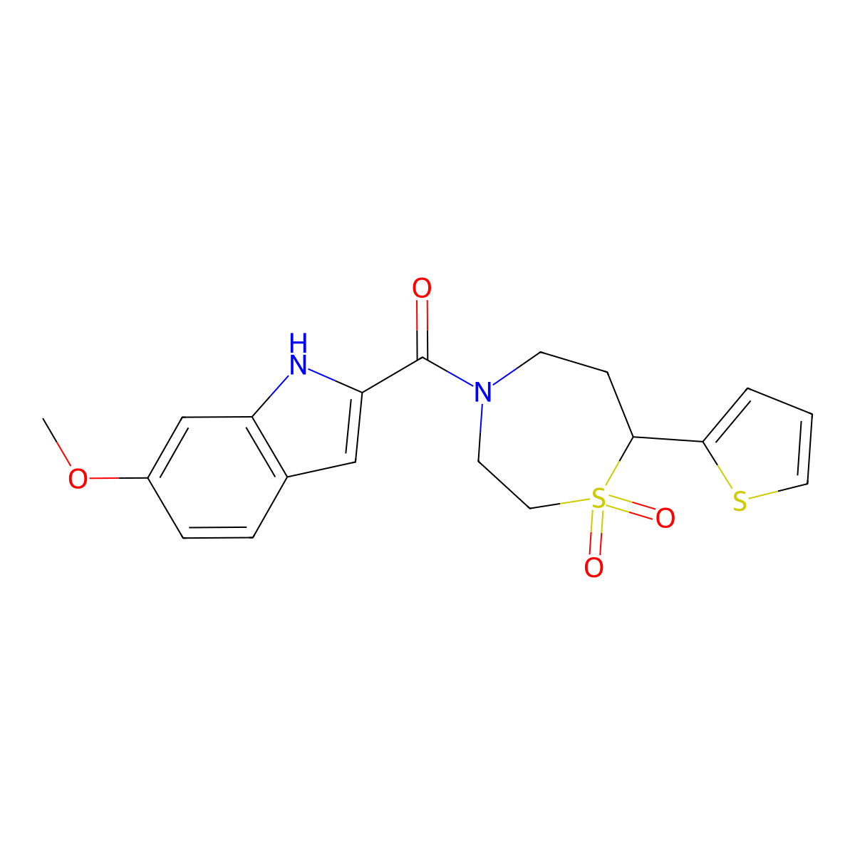(1,1-dioxido-7-(thiophen-2-yl)-1,4-thiazepan-4-yl)(6-methoxy-1H-indol-2-yl)methanone molecular structure, CAS 2034334-75-1