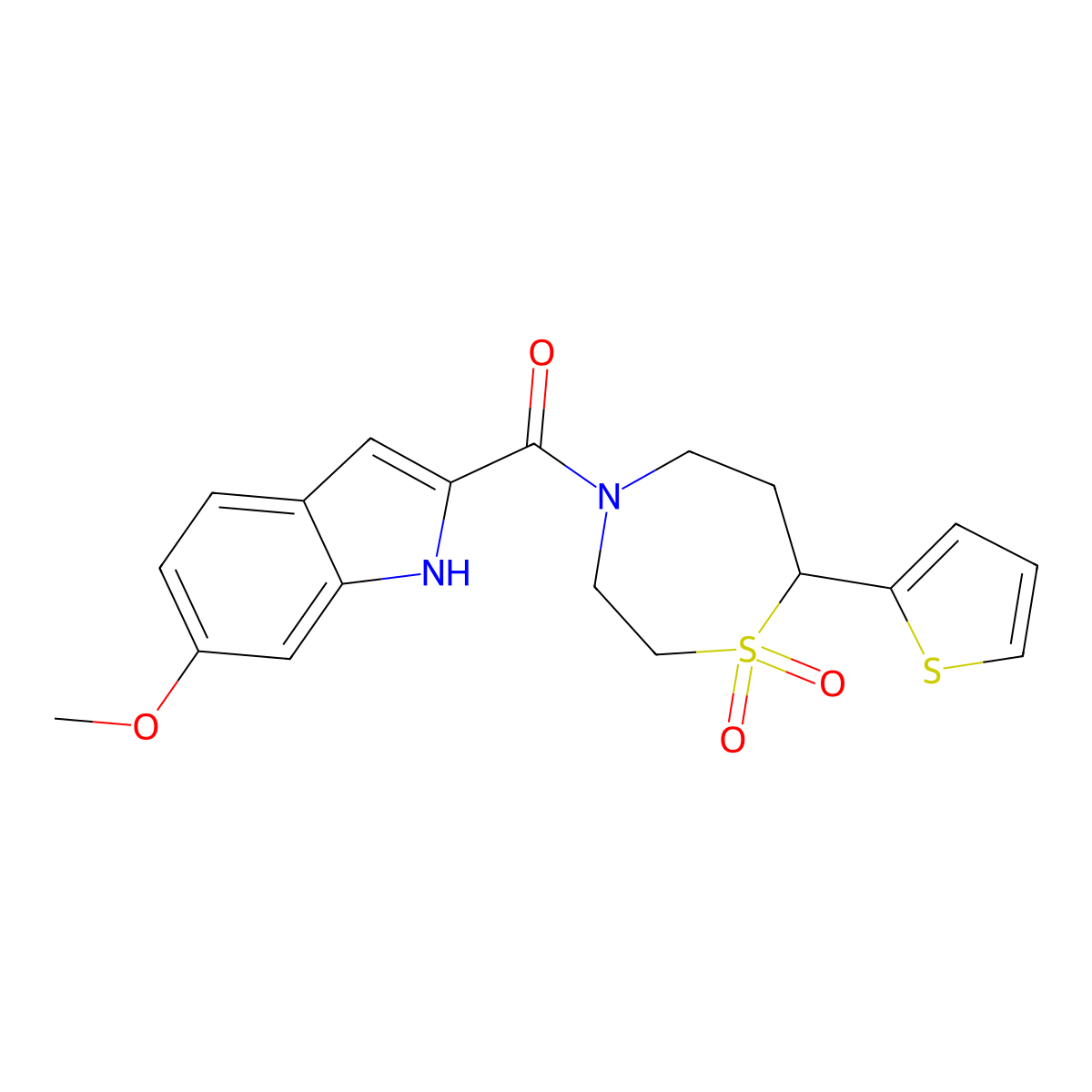 (1,1-dioxido-7-(thiophen-2-yl)-1,4-thiazepan-4-yl)(6-methoxy-1H-indol-2-yl)methanone molecular structure, CAS 2034334-75-1