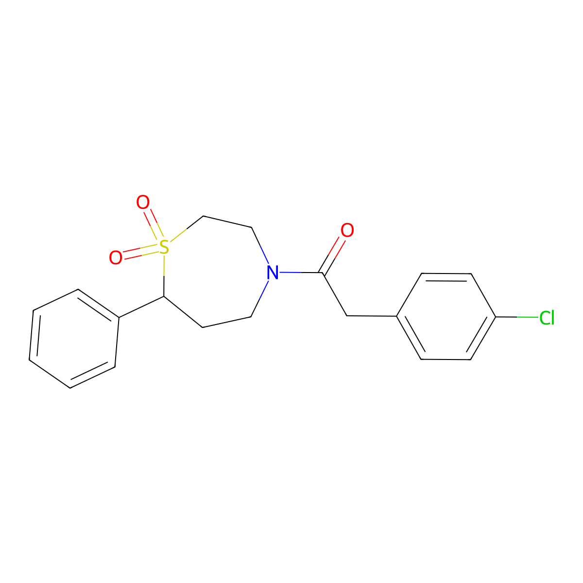 2-(4-Chlorophenyl)-1-(1,1-dioxido-7-phenyl-1,4-thiazepan-4-yl)ethanone molecular structure, CAS 2034334-80-8