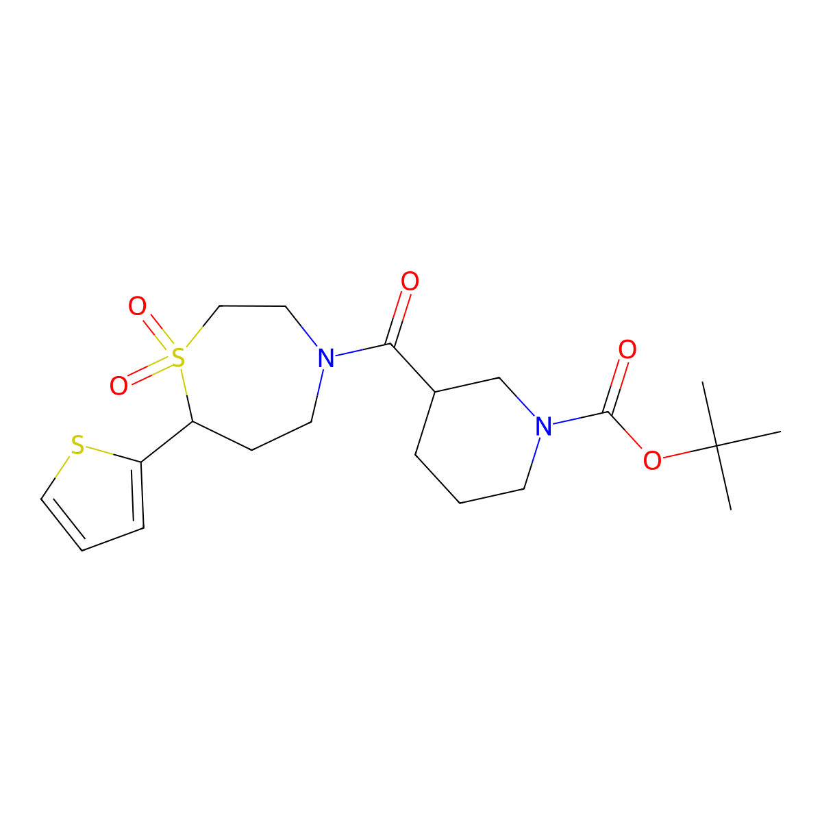 Tert-butyl 3-(1,1-dioxido-7-(thiophen-2-yl)-1,4-thiazepane-4-carbonyl)piperidine-1-carboxylate molecular structure, CAS 2034334-86-4