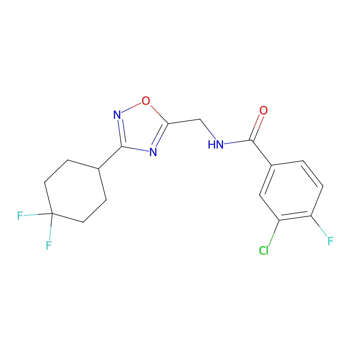 3-chloro-N-{[3-(4,4-difluorocyclohexyl)-1,2,4-oxadiazol-5-yl]methyl}-4-fluorobenzamide molecular structure, CAS 2034334-91-1