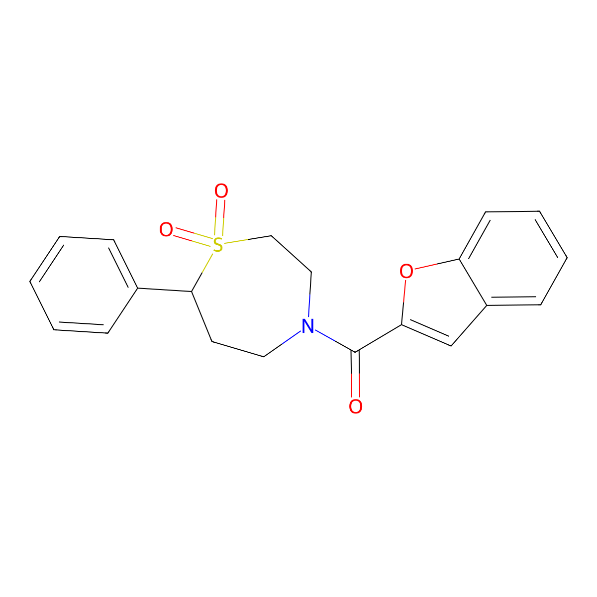Benzofuran-2-yl(1,1-dioxido-7-phenyl-1,4-thiazepan-4-yl)methanone molecular structure, CAS 2034334-94-4