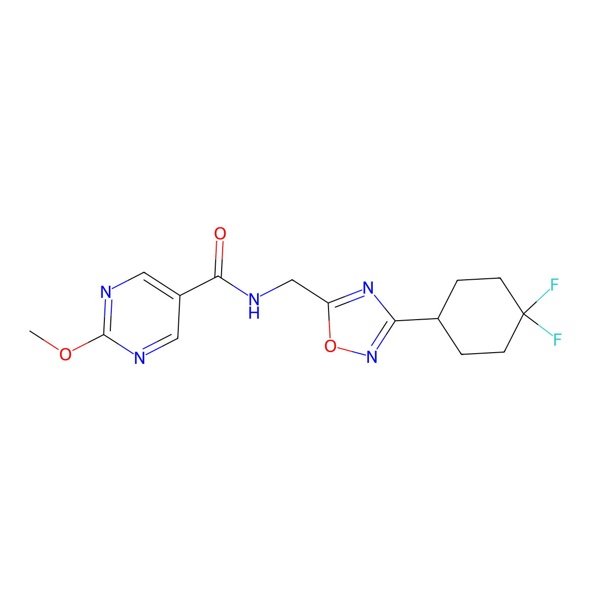N-((3-(4,4-difluorocyclohexyl)-1,2,4-oxadiazol-5-yl)methyl)-2-methoxypyrimidine-5-carboxamide molecular structure, CAS 2034334-99-9