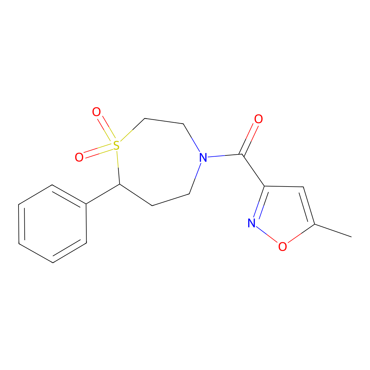 (1,1-Dioxido-7-phenyl-1,4-thiazepan-4-yl)(5-methylisoxazol-3-yl)methanone molecular structure, CAS 2034335-00-5