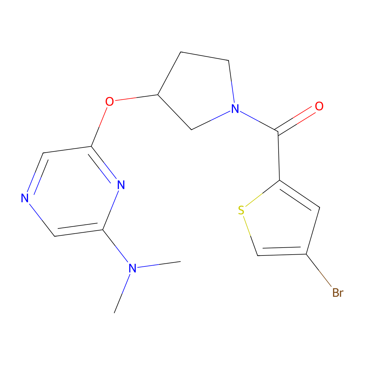 (4-Bromothiophen-2-yl)(3-((6-(dimethylamino)pyrazin-2-yl)oxy)pyrrolidin-1-yl)methanone molecular structure, CAS 2034335-01-6